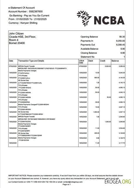 Kenya NCBA Bank relevé de compte électronique Modèle Word et PDF